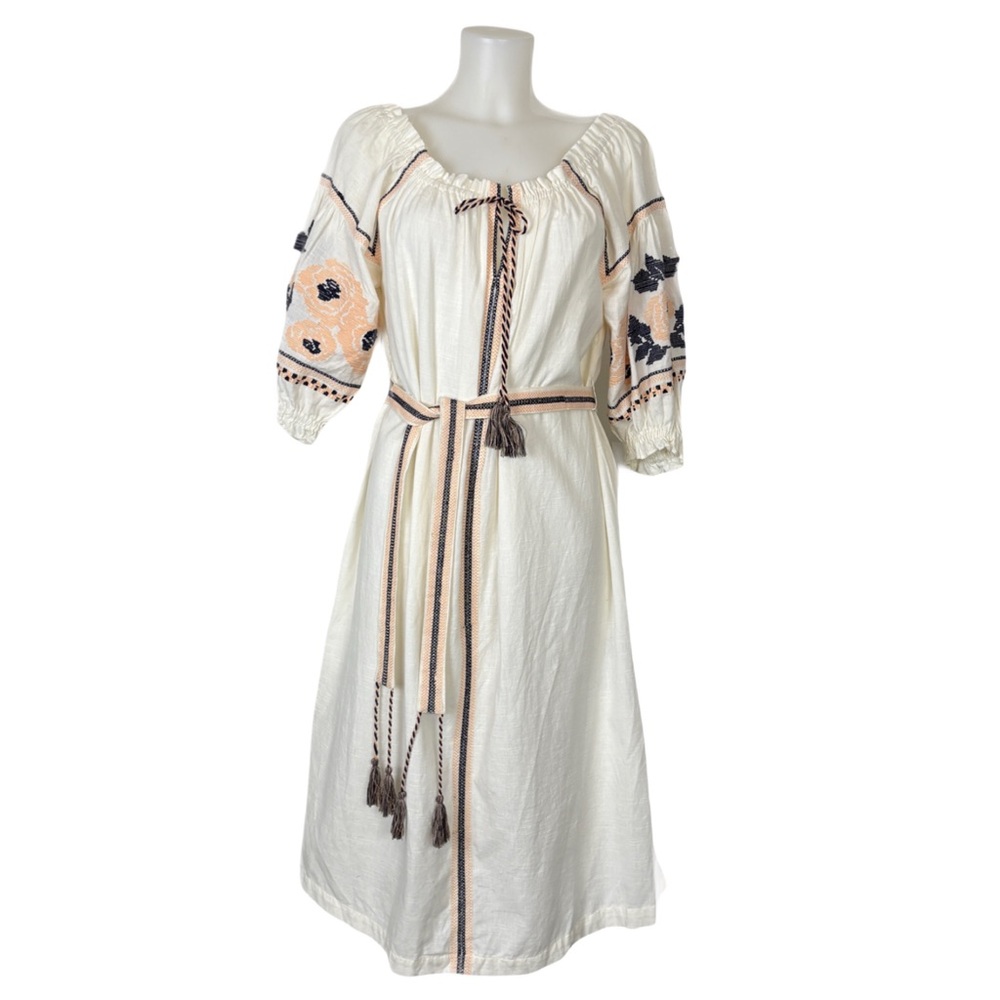 Oysho Cream Boho Midi Tunic Dress with Black and Peach Embroidery